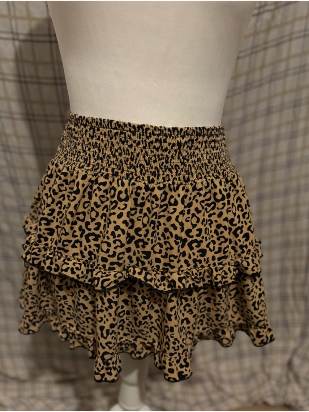 Smocked Leopard Print Ruffle Mini Skirt - Beige/Black